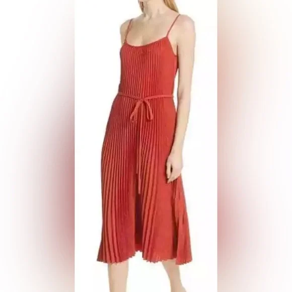 VINCE Crinkled Plissé-crepe Midi Dress In Papaya Women's Size Small - Picture 12 of 12